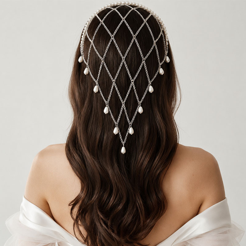 Beaded Trim Fringe - イミテーションパールトリムメッシュヘッドネット、ウォータードロップビーズフリンジ、ブライダルベール代替ヘッドピース、エレガントなウェディングヘアジュエリーキャップ