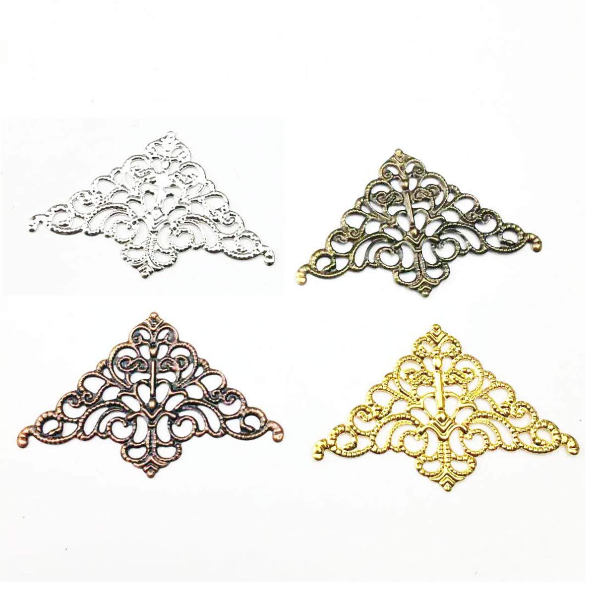 Embellish Craft - 200個入り中空コネクター三角形フィリグリーラップ 32x51mm 金属装飾品 4色 DIYヘッドウェアジュエリークラフトアクセサリー用